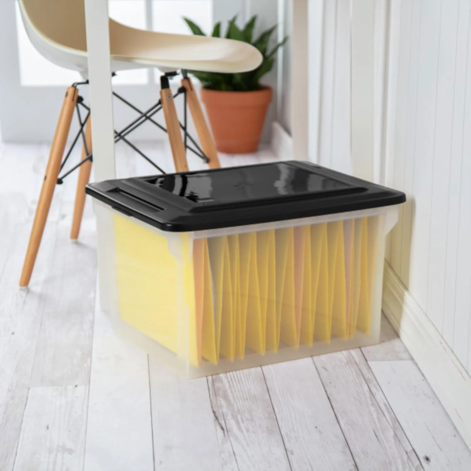 Sterilite File Box, Stackable Storage Bin with Lid, Plastic Container to Organize Taxes, Papers in the Home, Office, Clear Base with Black Lid, 4-Pack