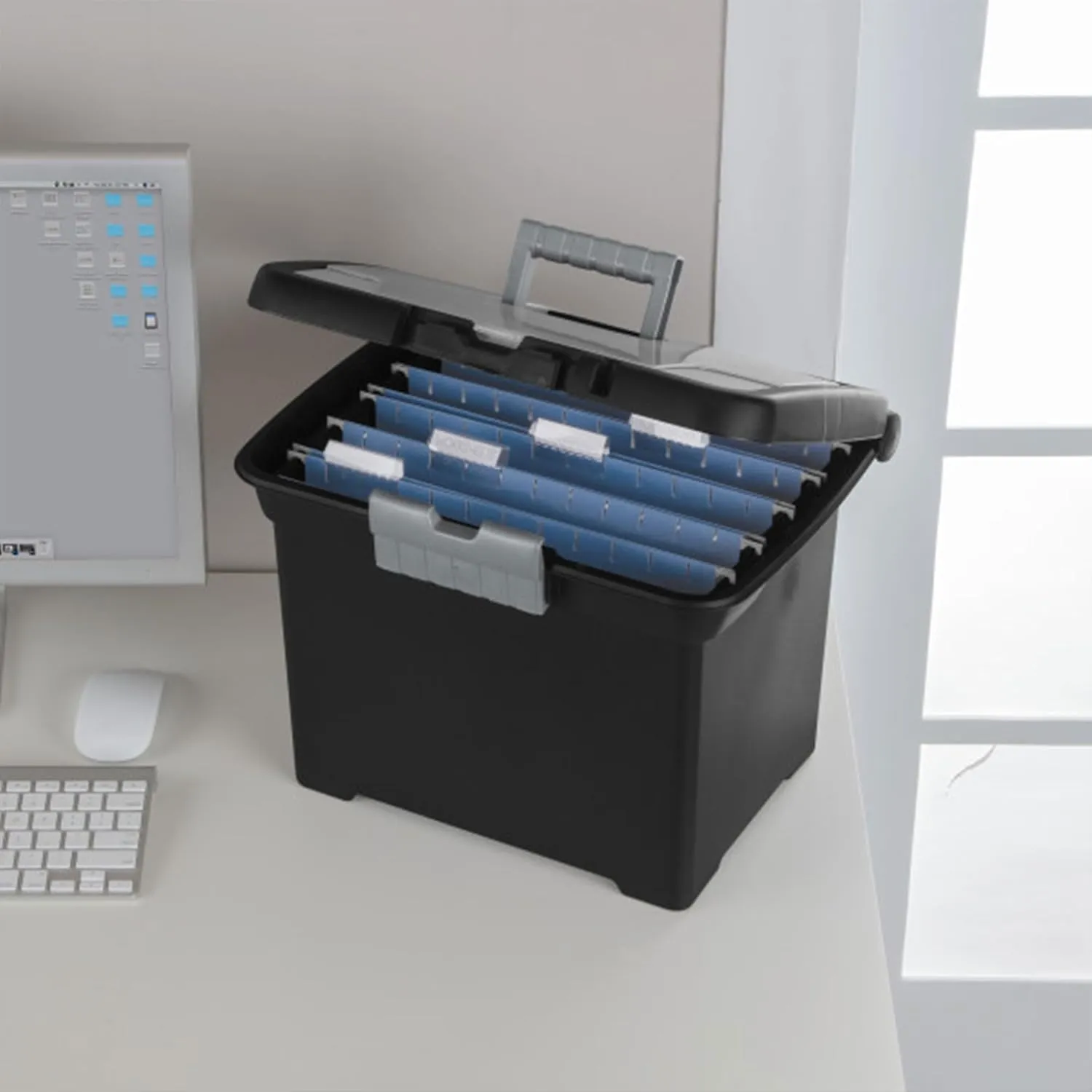 Sterilite Portable File Box, Stackable Storage Bin with Latching Lid and Handle, Plastic Container to Organize Papers in Home, Office, Black, 4-Pack