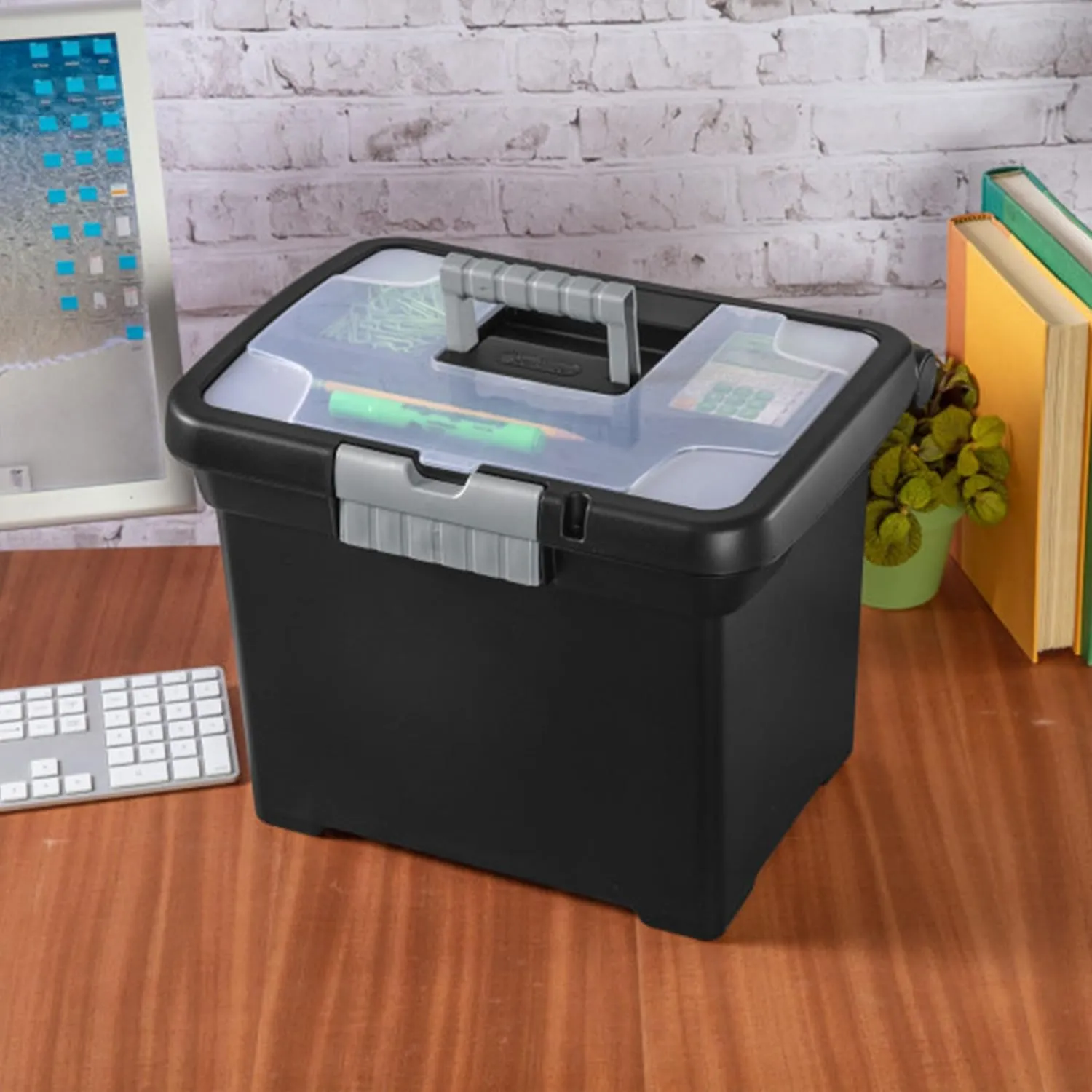 Sterilite Portable File Box, Stackable Storage Bin with Latching Lid and Handle, Plastic Container to Organize Papers in Home, Office, Black, 4-Pack