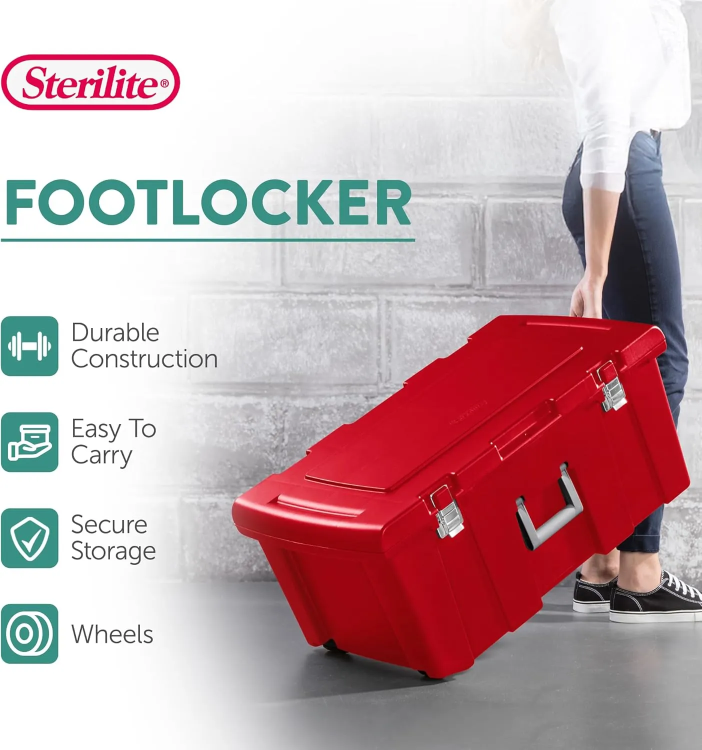 Sterilite Wheeled Footlocker, Plastic Utility Lockable Storage Container with Handle, Red