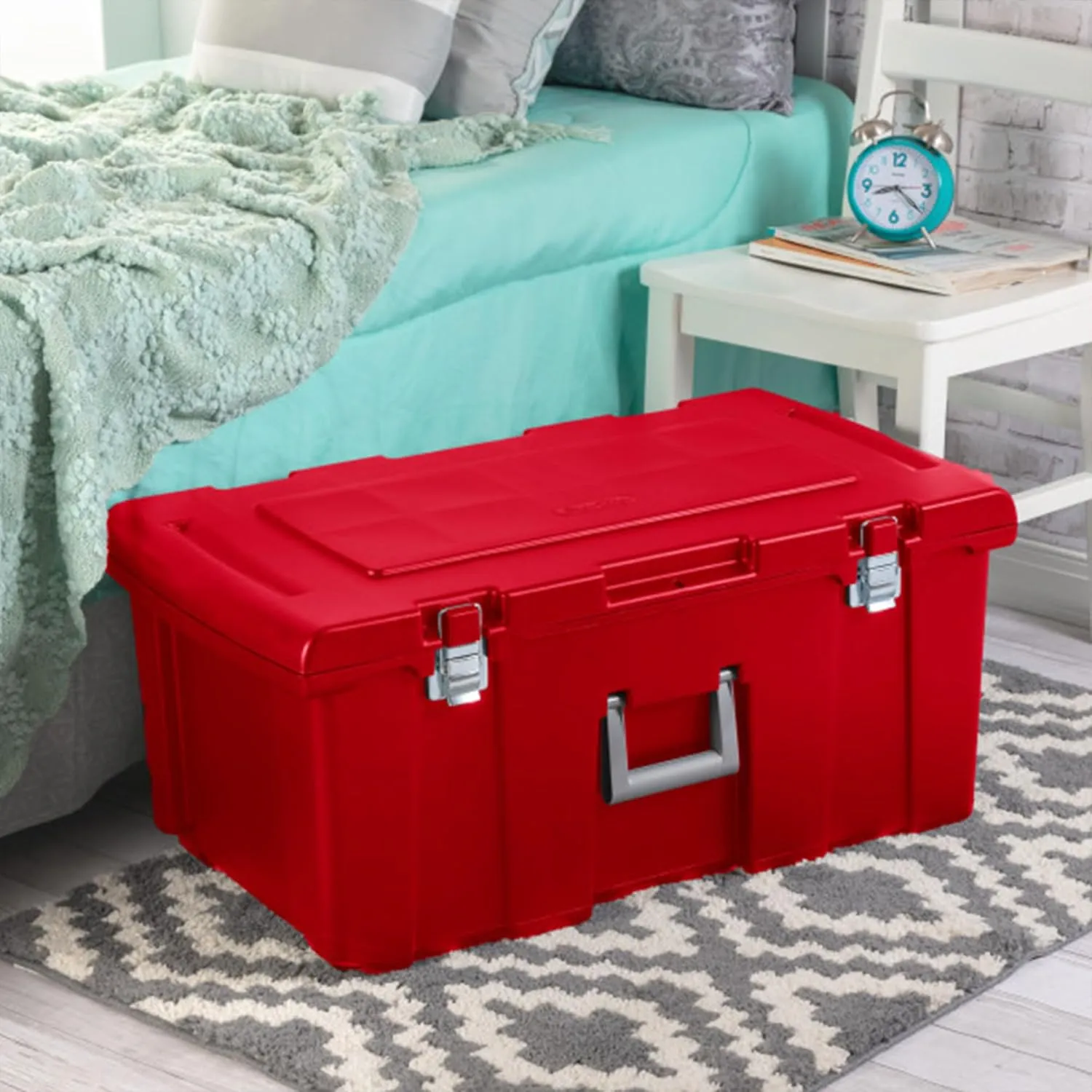 Sterilite Wheeled Footlocker, Plastic Utility Lockable Storage Container with Handle, Red