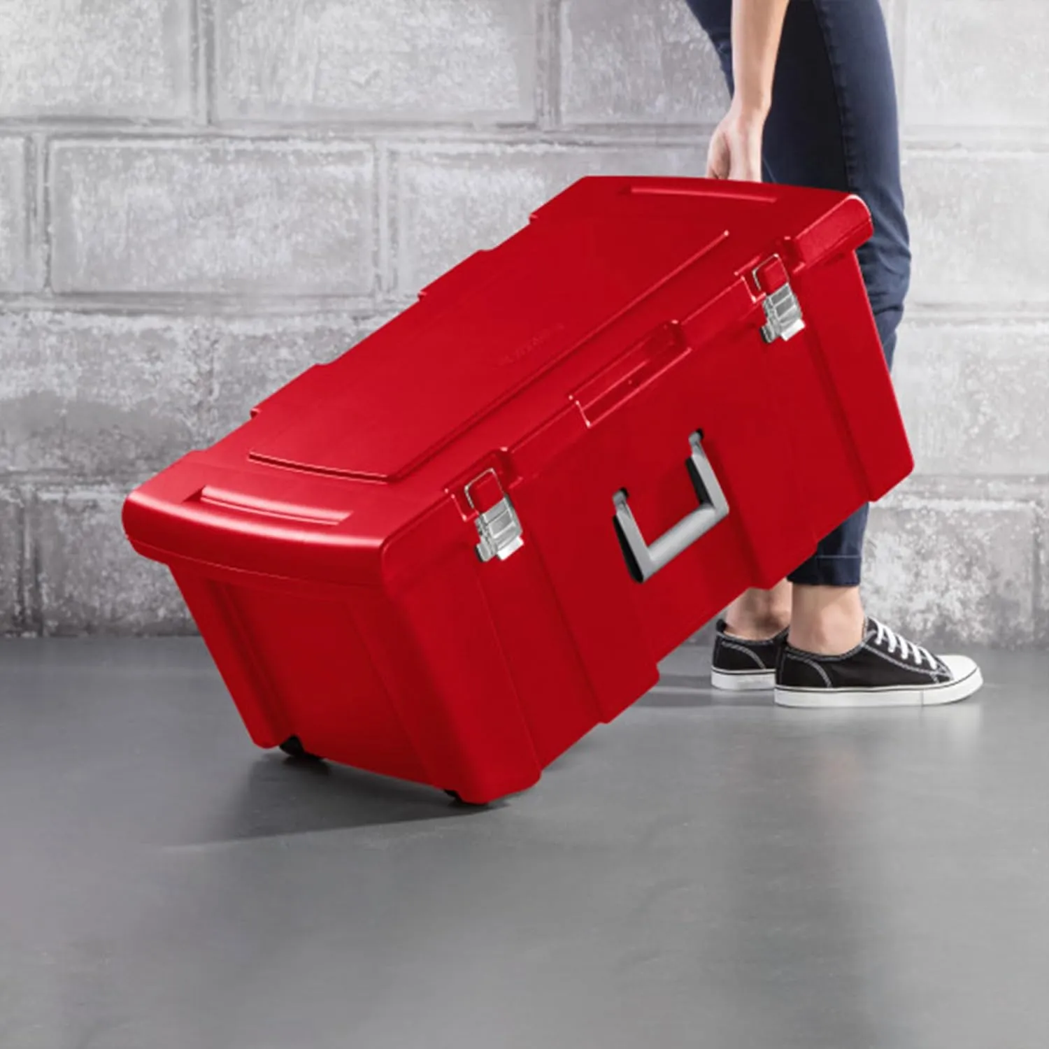 Sterilite Wheeled Footlocker, Plastic Utility Lockable Storage Container with Handle, Red