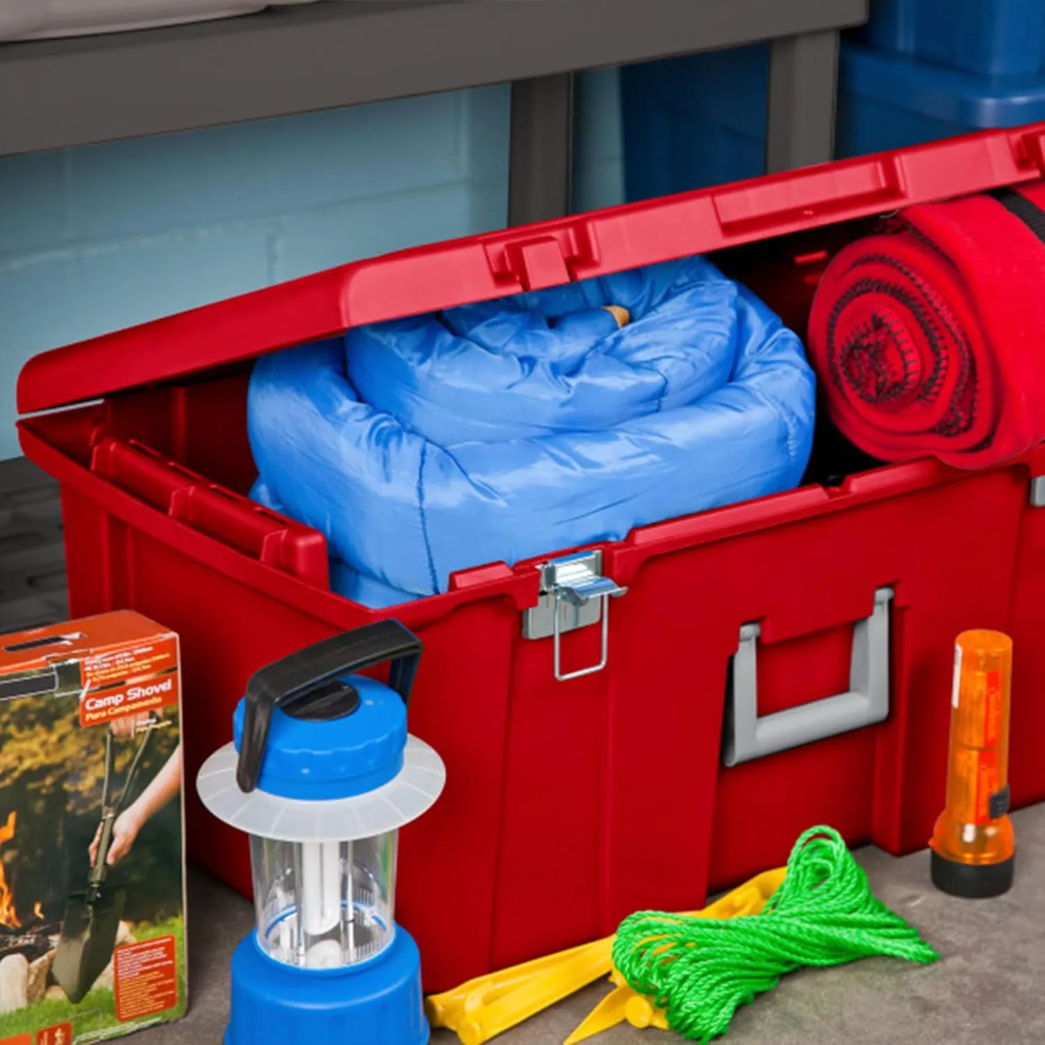 Sterilite Wheeled Footlocker, Plastic Utility Lockable Storage Container with Handle, Red