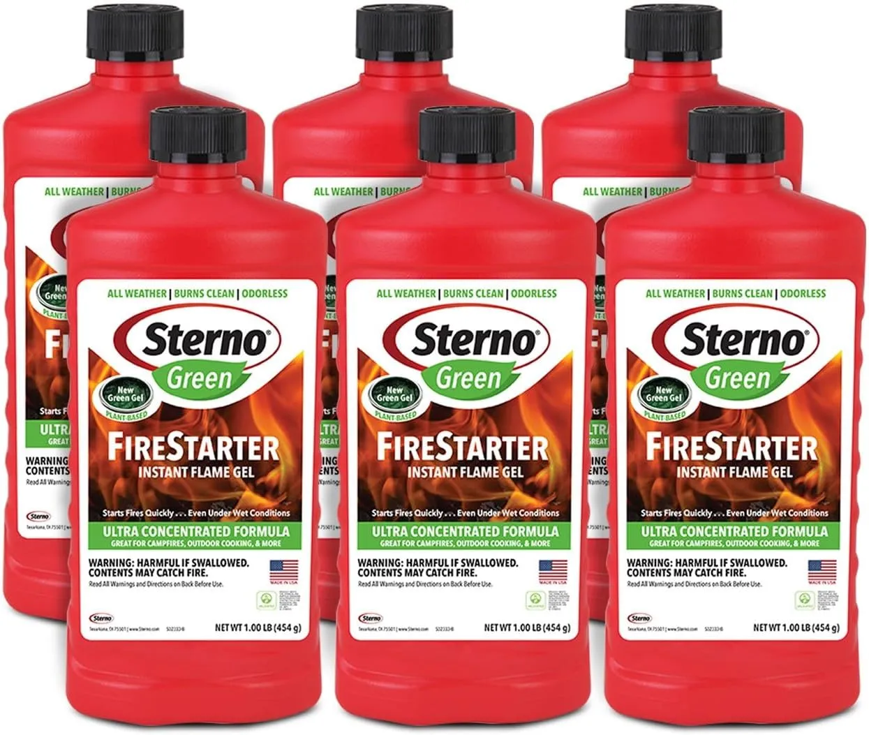 Sterno Fire Starter Fluid Gel Green Firestarter for Instant Flame, Concentrated Ethanol Fuel for Camp Fire or Fireplace, All-Weather Ethanol Burner for Indoor & Outdoor, 16 Oz Each, Pack of 6 Bottles