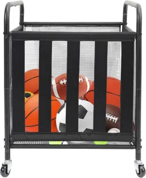 STO STO Rolling Sports Ball Storage Cart, Lockable Basketball Cage with Elastic Straps, Sport Equipment Holder Organizer for Indoor Outdoor, Steel Storage Rack for Playgroup and Gym