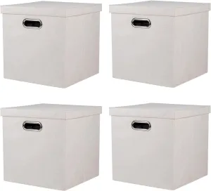 Storage Bins with Lids, Collapsible Linen Fabric Boxes Organizer Containers with Lid Foldable Storage Box Basket for Closet, Shelves, Home, Office, 11 x 11 x 11 Inch, 4 Pack, Beige