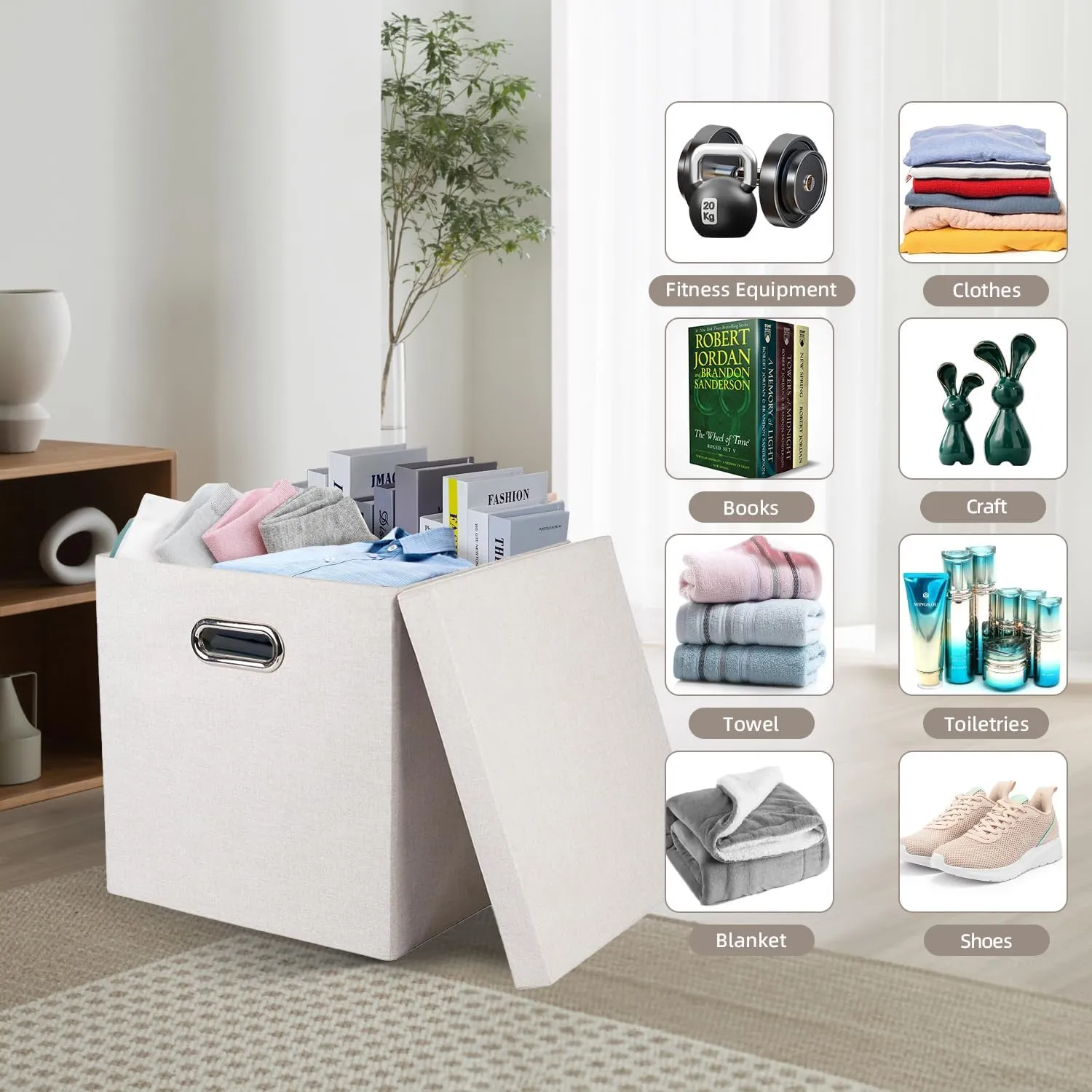 Storage Bins with Lids, Collapsible Linen Fabric Boxes Organizer Containers with Lid Foldable Storage Box Basket for Closet, Shelves, Home, Office, 11 x 11 x 11 Inch, 4 Pack, Beige