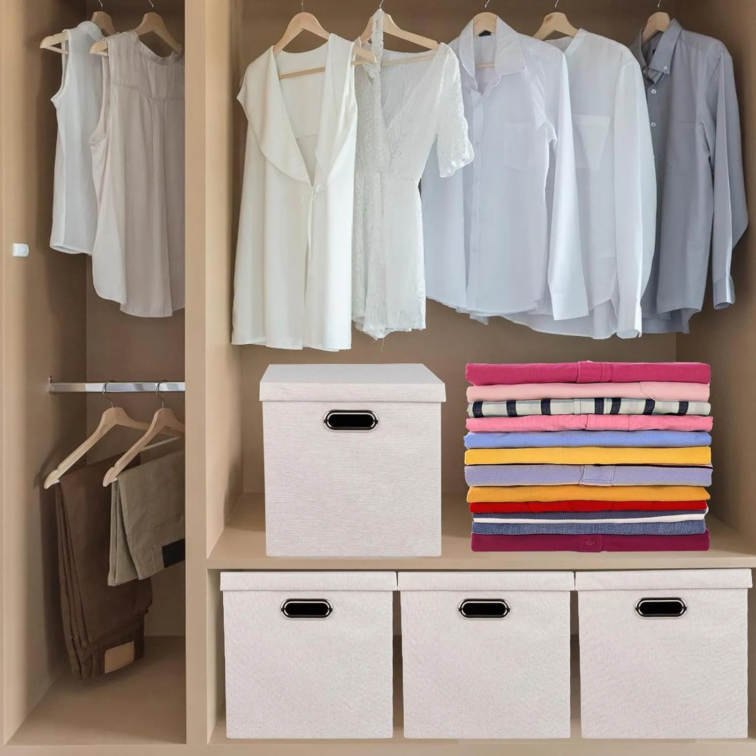 Storage Bins with Lids, Collapsible Linen Fabric Boxes Organizer Containers with Lid Foldable Storage Box Basket for Closet, Shelves, Home, Office, 11 x 11 x 11 Inch, 4 Pack, Beige