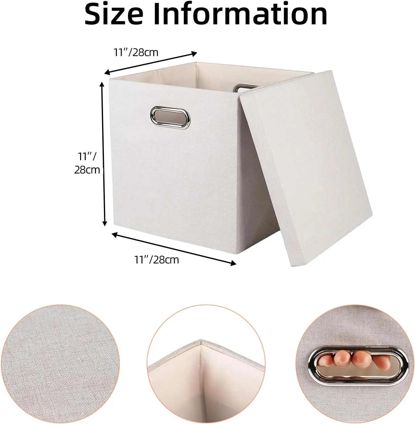 Storage Bins with Lids, Collapsible Linen Fabric Boxes Organizer Containers with Lid Foldable Storage Box Basket for Closet, Shelves, Home, Office, 11 x 11 x 11 Inch, 4 Pack, Beige
