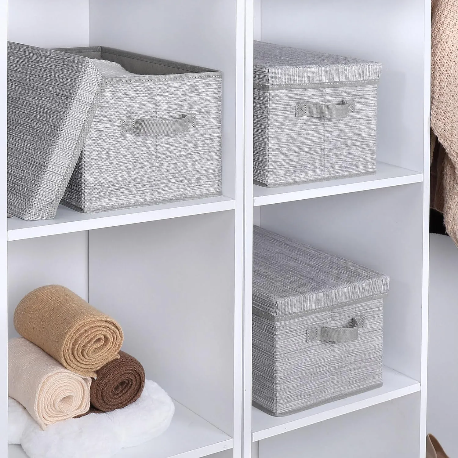 Storage Bins with Lids, Collapsible Stackable Storage Bins with Handles, Clothing Storage Containers for Closet, Fabric Shelf Baskets, Large, Light Gray/Slub Gray, 3-Pack
