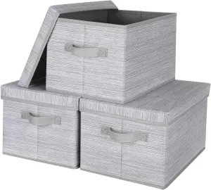 Storage Bins with Lids, Collapsible Stackable Storage Bins with Handles, Clothing Storage Containers for Closet, Fabric Shelf Baskets, Large, Light Gray/Slub Gray, 3-Pack