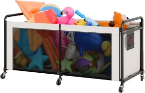 StorageWorks 295 Gallon Pool Float Storage, Mesh Pool Toy Storage Bin with Wheel and Side Pockets, Large Swimming Organizer, Outdoor Noodles Holder, Beige