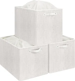 StorageWorks 3 Pack Extra Large Fabric Storage Bins with Drawstring Closure, 87L Oversized Storage Baskets for Organizing, Foldable Closet Storage Bins with PU Handles, Gray and White Stripes