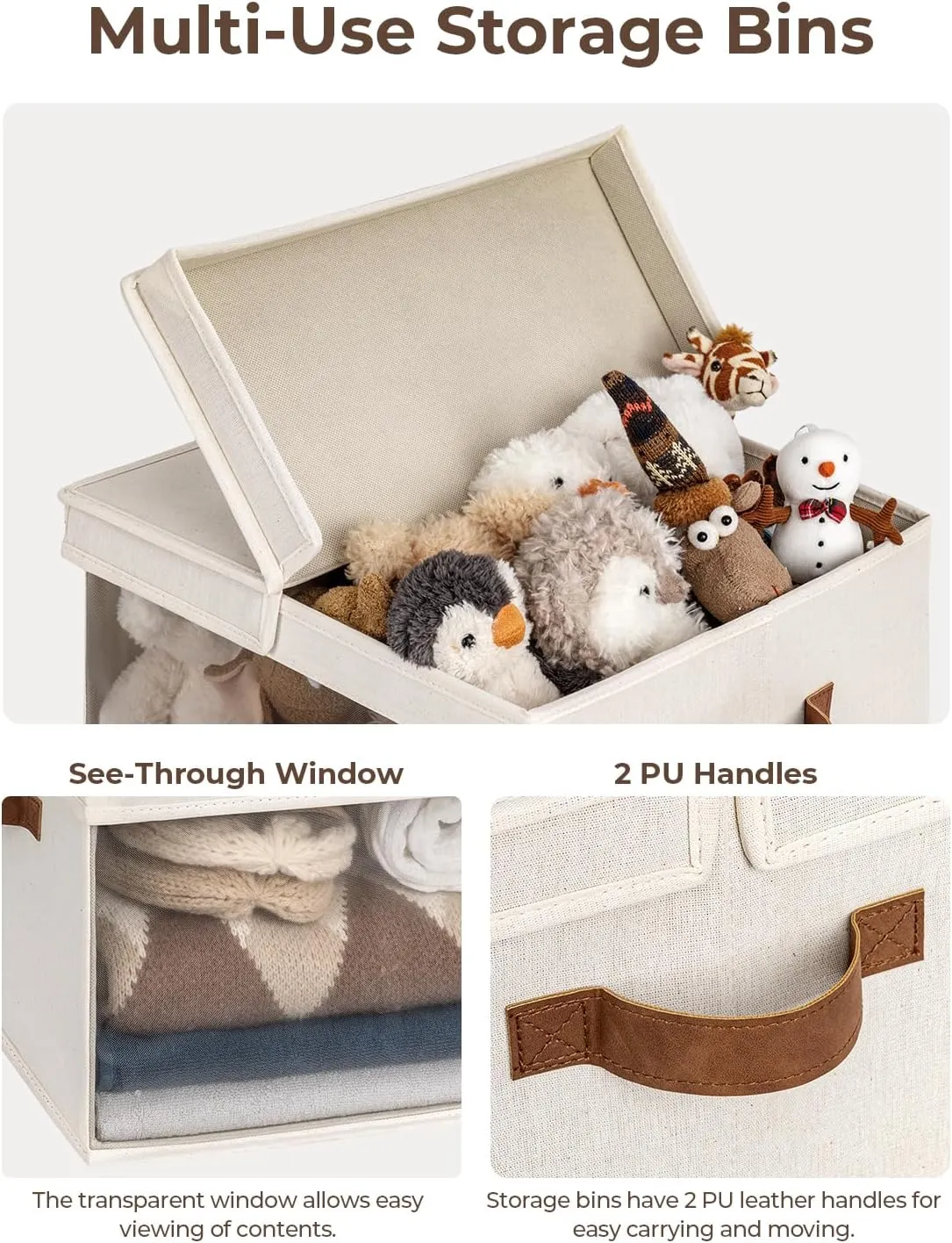 StorageWorks Fabric Storage Bins, Basket with Lid, Collapsible Container with Clear Window, Decorative Closet Organizers, Beige, Jumbo, 4-Pack