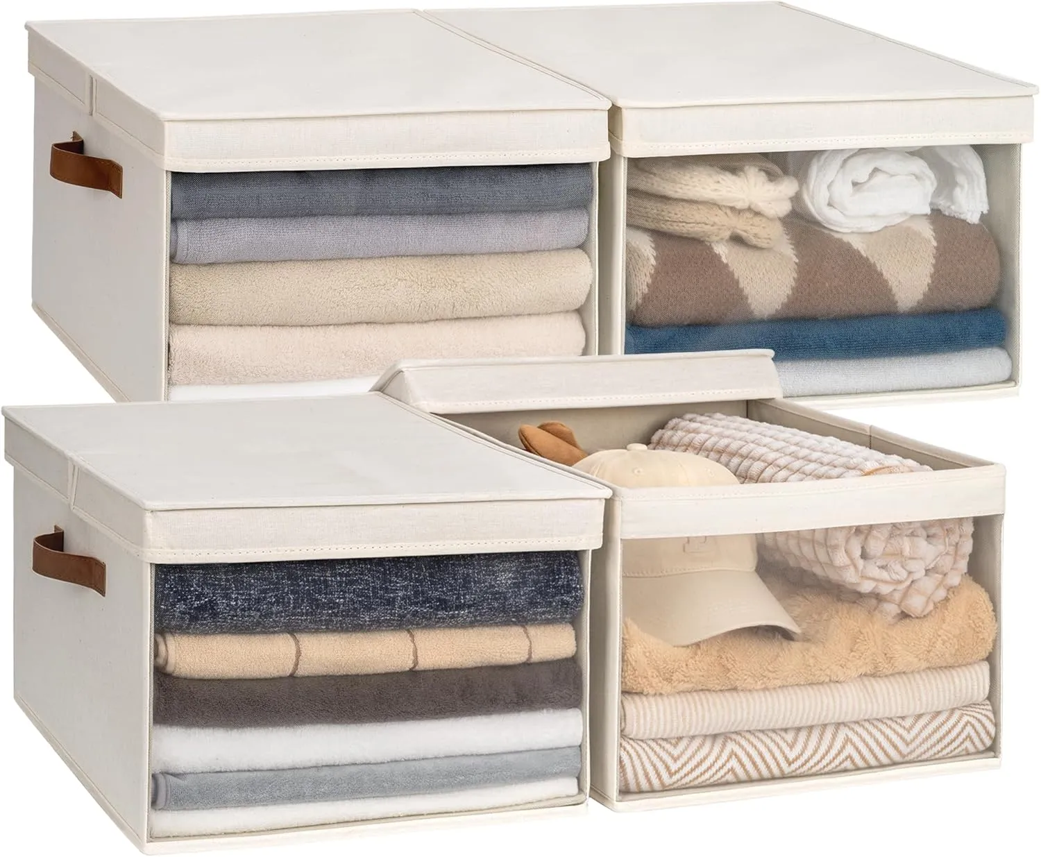 StorageWorks Fabric Storage Bins, Basket with Lid, Collapsible Container with Clear Window, Decorative Closet Organizers, Beige, Jumbo, 4-Pack