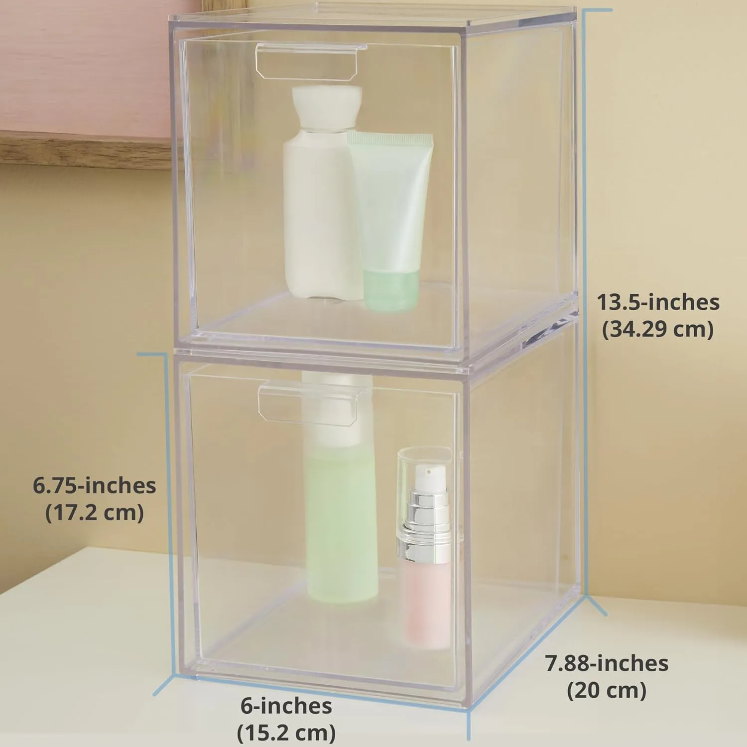 STORi Audrey Stackable Bin Clear Plastic Organizer Drawers | 2 Piece Set | Organize Cosmetics and Beauty Supplies on a Vanity | Made in USA