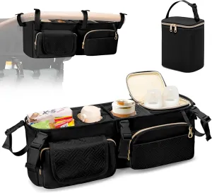 Stroller Wagon Organizer Compatible with Wonderfold W4 Wagon, Parent Console Caddy Wagon Accessories with Cup Holder and Cooler Bag, Black (Empty Bag)