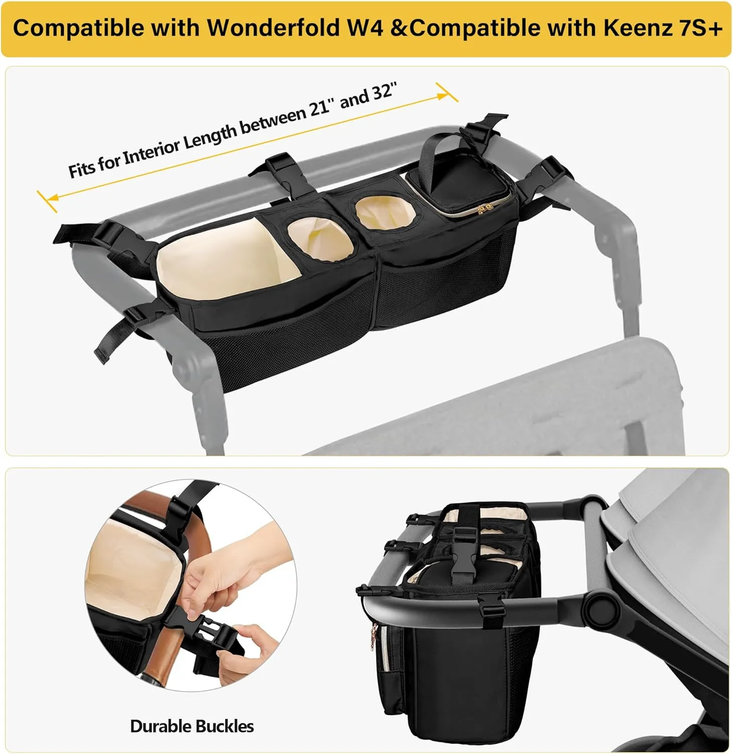 Stroller Wagon Organizer Compatible with Wonderfold W4 Wagon, Parent Console Caddy Wagon Accessories with Cup Holder and Cooler Bag, Black (Empty Bag)