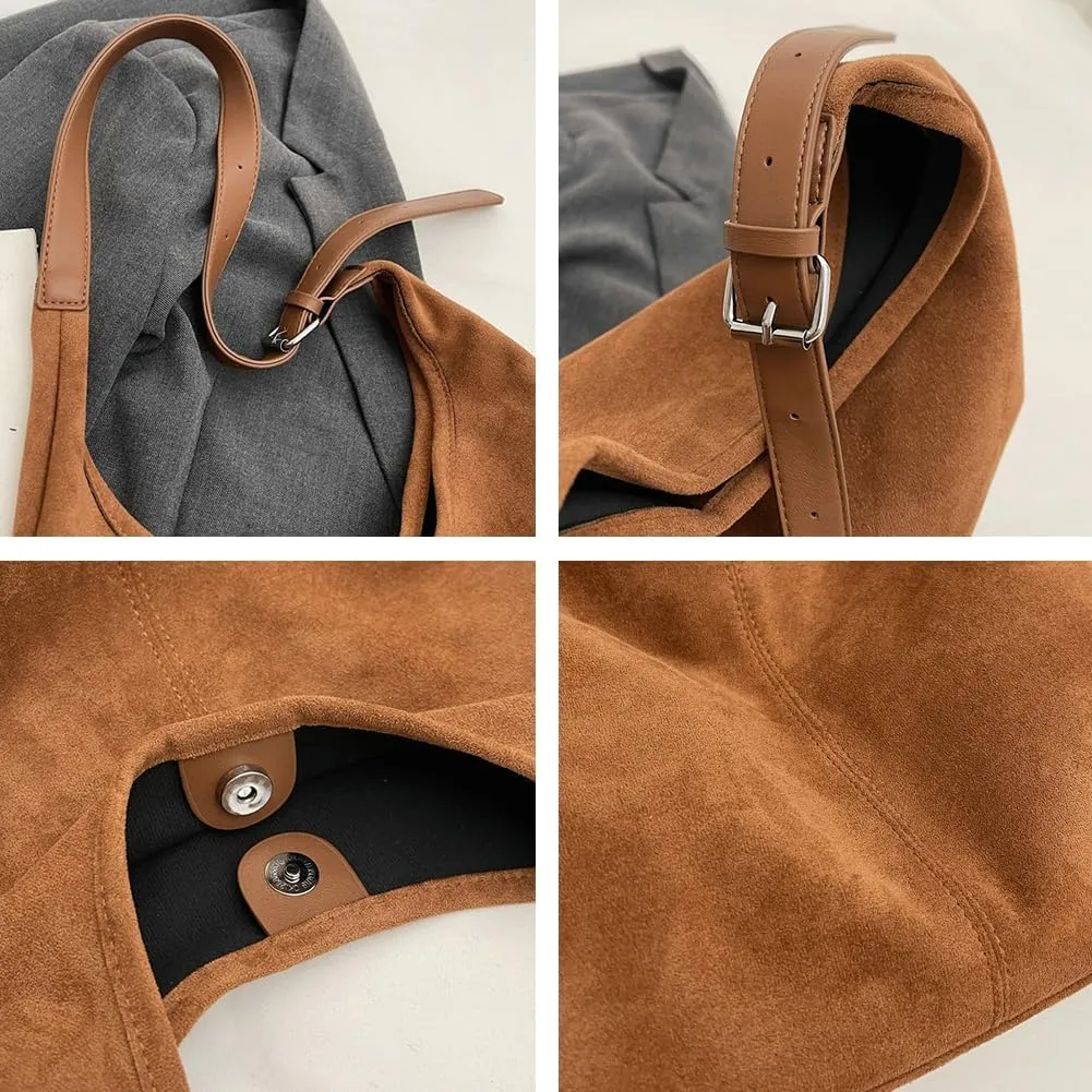Suede Tote Bag for Women Shoulder Bag Retro Handbags Soft Satchel Stylish Large Two-piece Purse Work Travel