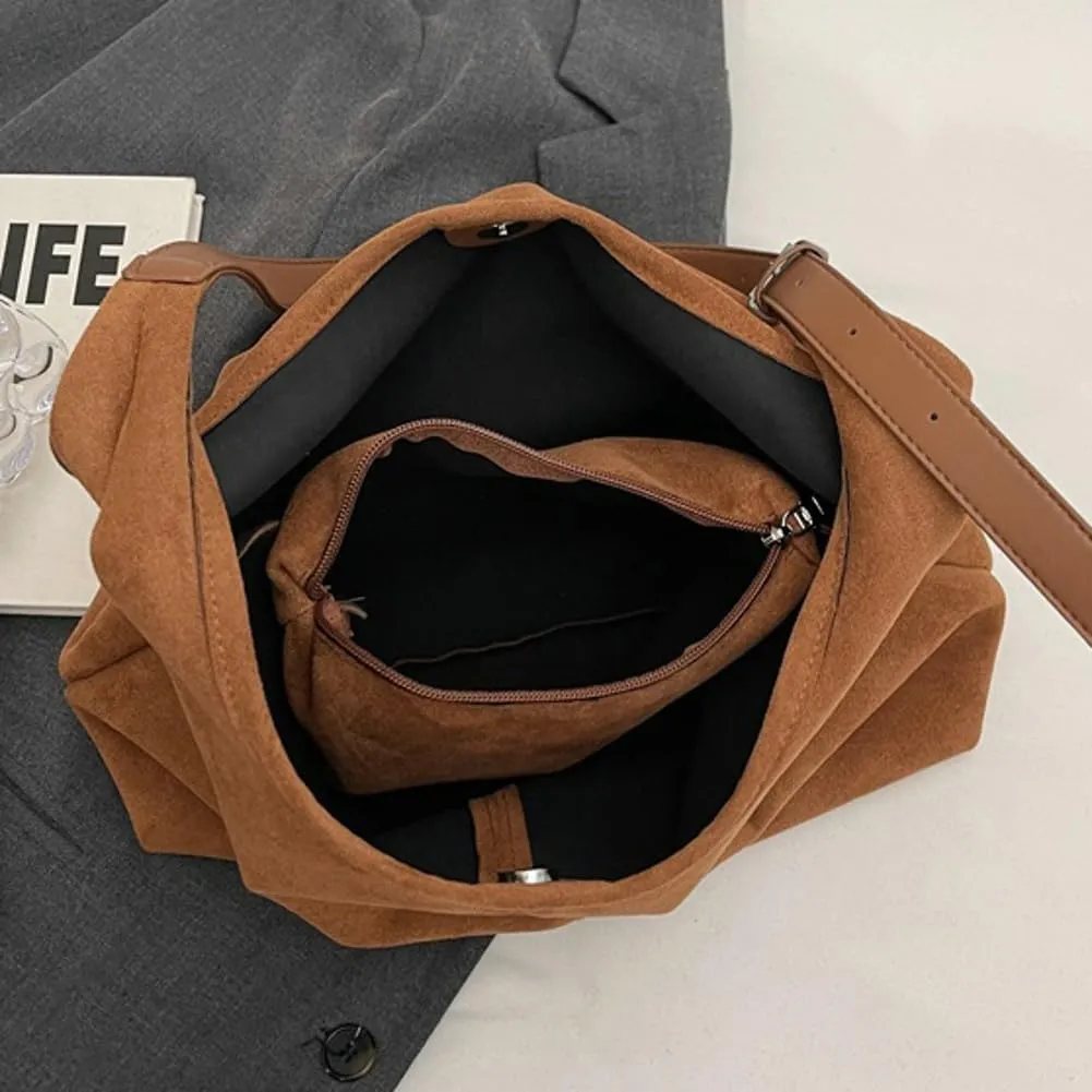 Suede Tote Bag for Women Shoulder Bag Retro Handbags Soft Satchel Stylish Large Two-piece Purse Work Travel