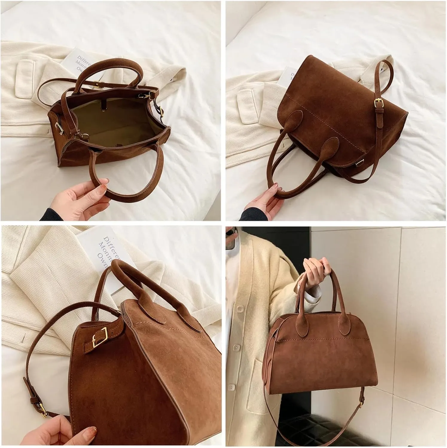 Suede Tote Bag for Women, Womens Purse Slouchy Hobo Handbag Brown Retro Top Handle Bag, Fashion Shoulder Satchel Work Bags