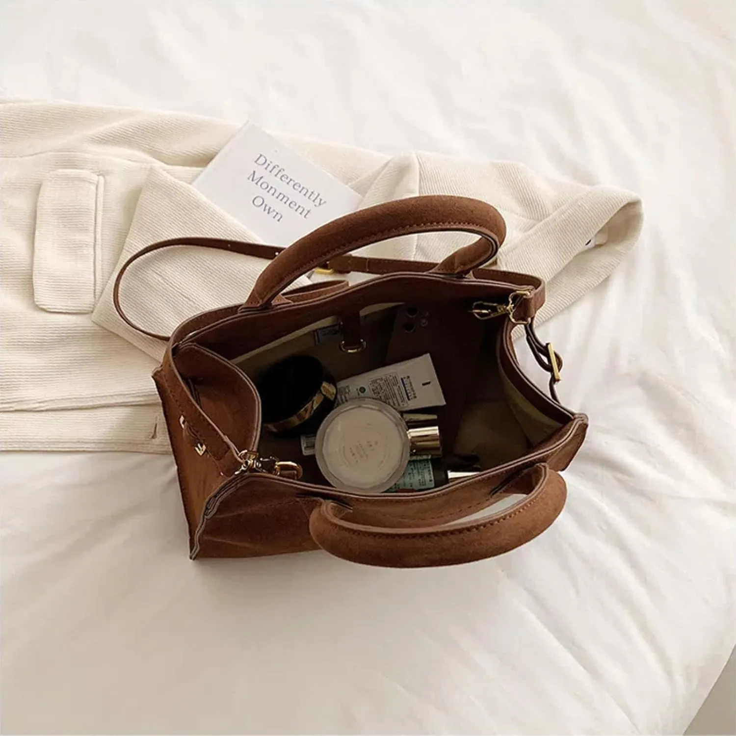 Suede Tote Bag for Women, Womens Purse Slouchy Hobo Handbag Brown Retro Top Handle Bag, Fashion Shoulder Satchel Work Bags