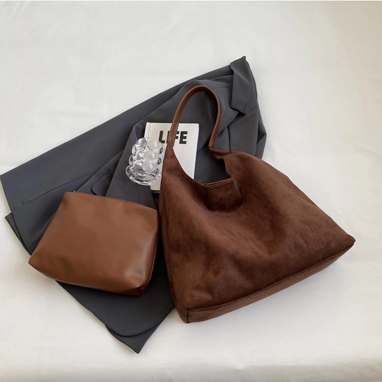 Suede Tote Bag For Women,Brown Suede Handbag,Suede Shoulder Bag,Office Tote Handbag