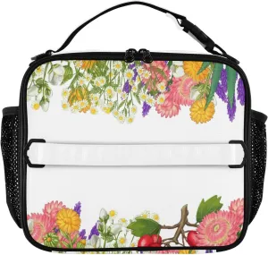 Summer Flowers Floral Lunch Box Medicinal Plant Meal Tote Kids Lunch Bag Insulated Reusable Cooler Soft Shoulder Bag Mini Cooling Back to School