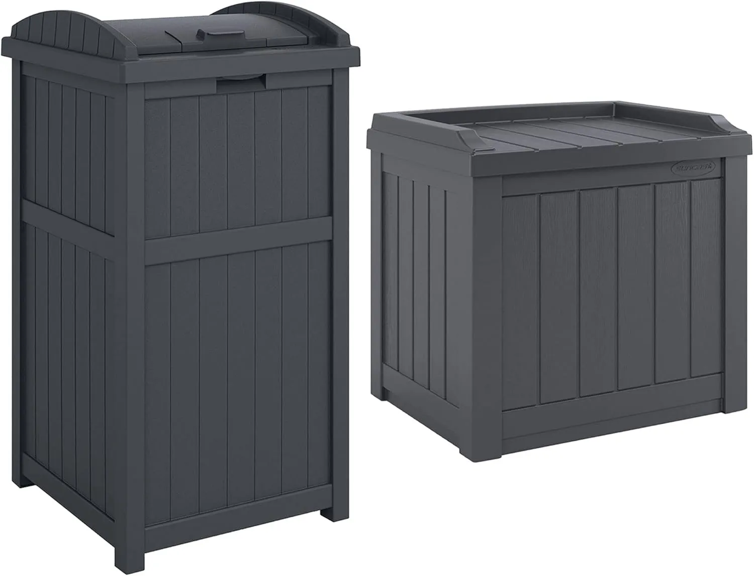 Suncast 22-Gallon Outdoor Patio Backyard Deck Box Storage Bench and 30-Gallon Hideaway Trash Waste Bin with Latching Lid, Cyberspace