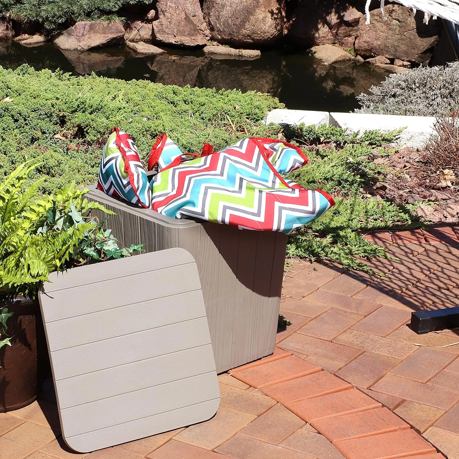 Sunnydaze 11.5-Gallon Outdoor Deck Box - Weather-Resistant Side Table with Storage for Cushions, Garden Tools, Pool Supplies - Driftwood - Faux Plank
