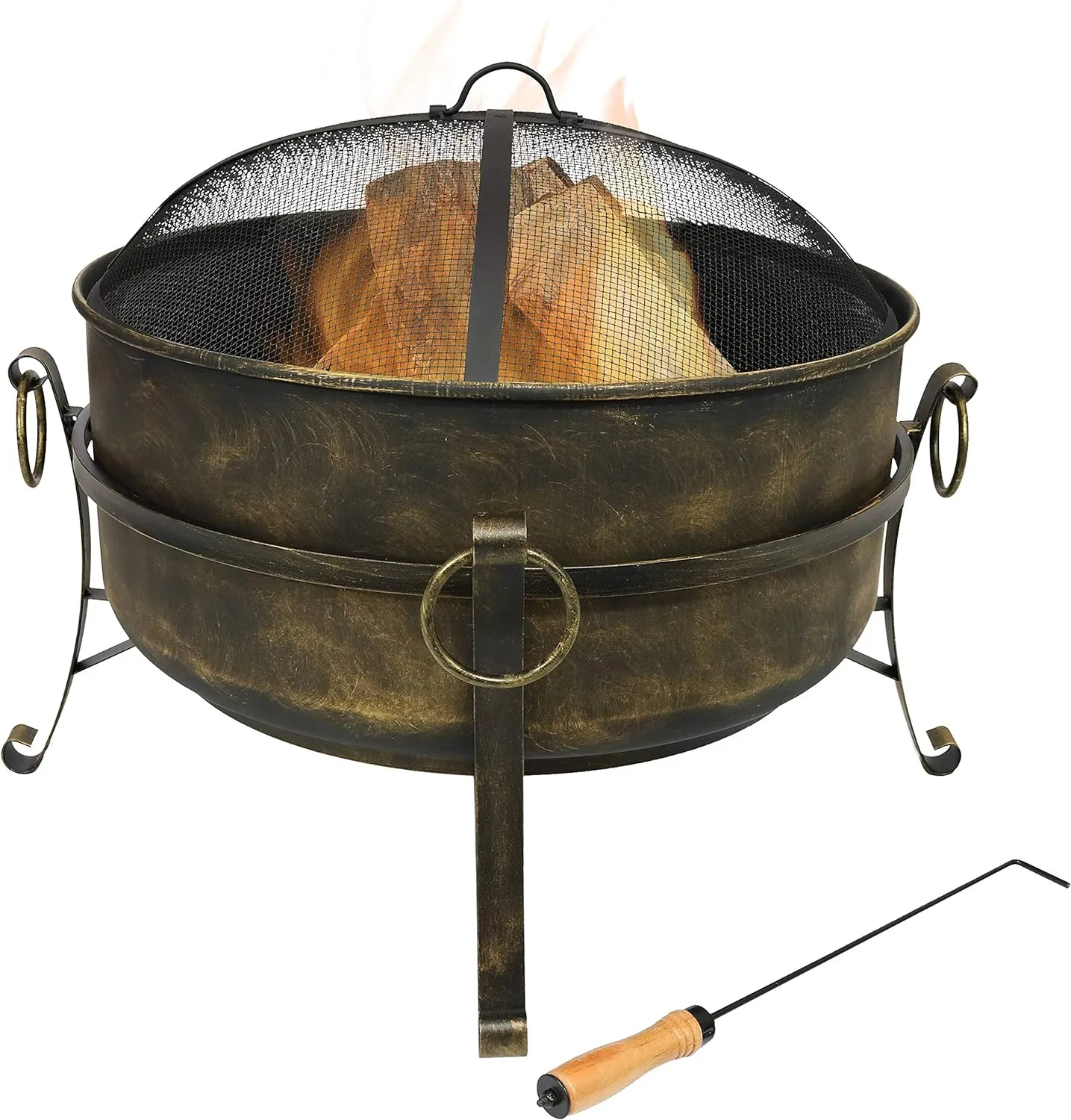 Sunnydaze 24-Inch Cauldron Style Outdoor Fire Pit Bowl - Outdoor Wood Burning Fire Pit with Spark Screen, Log Poker, and Wood Grate