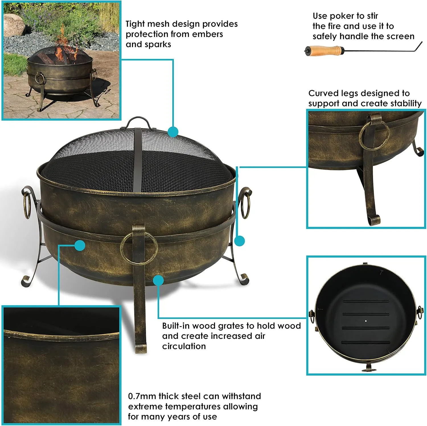 Sunnydaze 24-Inch Cauldron Style Outdoor Fire Pit Bowl - Outdoor Wood Burning Fire Pit with Spark Screen, Log Poker, and Wood Grate