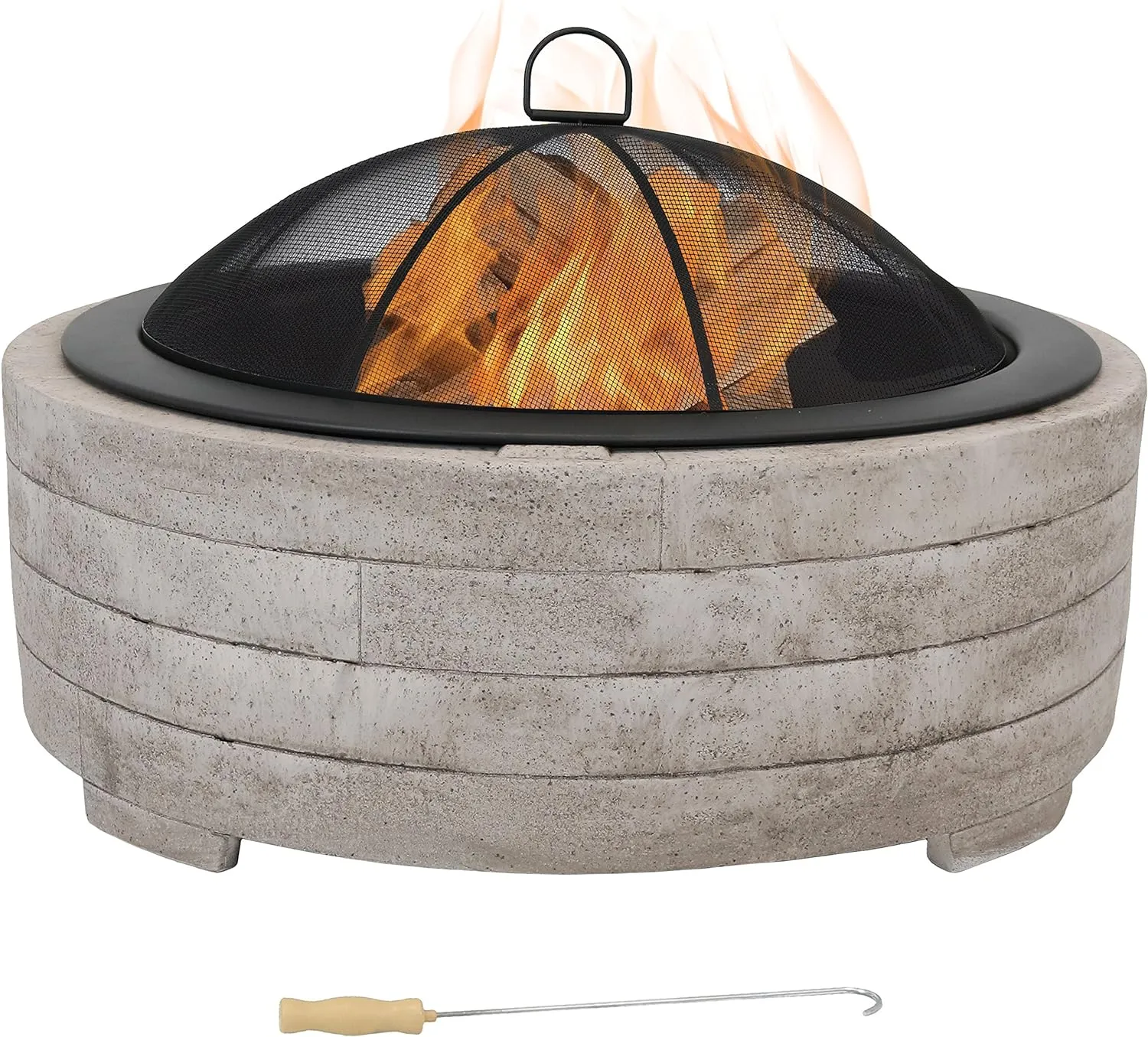 Sunnydaze 36-Inch Faux Stone Fire Pit Bowl with Handles - Wood Burning Fireplace with Spark Screen and Poker
