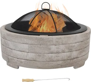 Sunnydaze 36-Inch Faux Stone Fire Pit Bowl with Handles - Wood Burning Fireplace with Spark Screen and Poker
