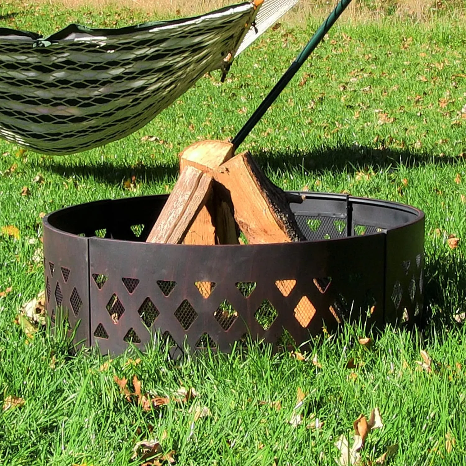 Sunnydaze 36-Inch Outdoor Fire Pit Ring with Poker - Round Heavy-Duty Steel Fire Ring for Camping or Backyard - Crossweave - 12" H