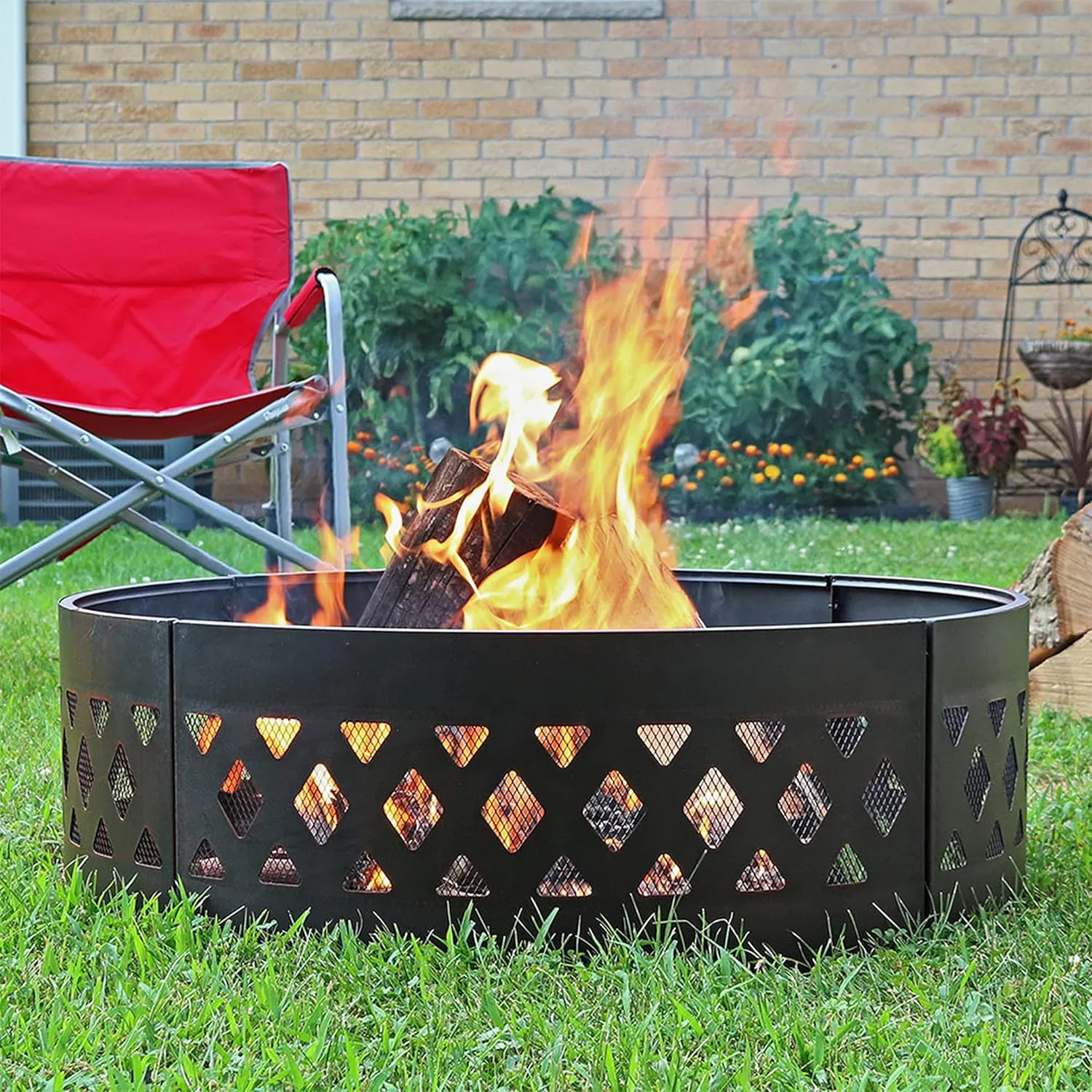 Sunnydaze 36-Inch Outdoor Fire Pit Ring with Poker - Round Heavy-Duty Steel Fire Ring for Camping or Backyard - Crossweave - 12" H