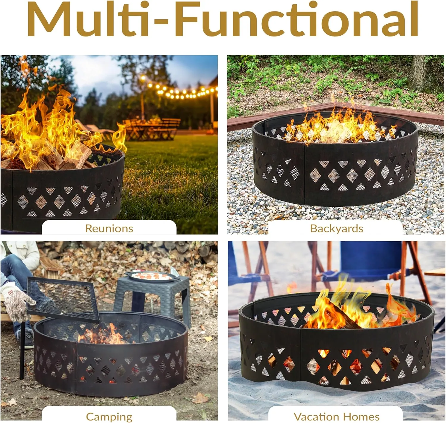 Sunnydaze 36-Inch Outdoor Fire Pit Ring with Poker - Round Heavy-Duty Steel Fire Ring for Camping or Backyard - Crossweave - 12" H