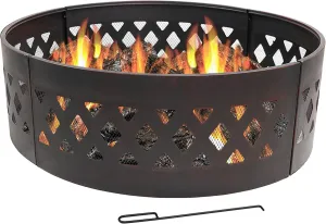 Sunnydaze 36-Inch Outdoor Fire Pit Ring with Poker - Round Heavy-Duty Steel Fire Ring for Camping or Backyard - Crossweave - 12" H