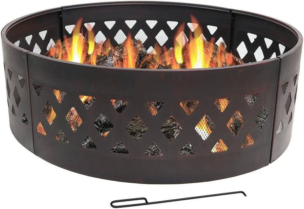 Sunnydaze 36-Inch Outdoor Fire Pit Ring with Poker - Round Heavy-Duty Steel Fire Ring for Camping or Backyard - Crossweave - 12" H