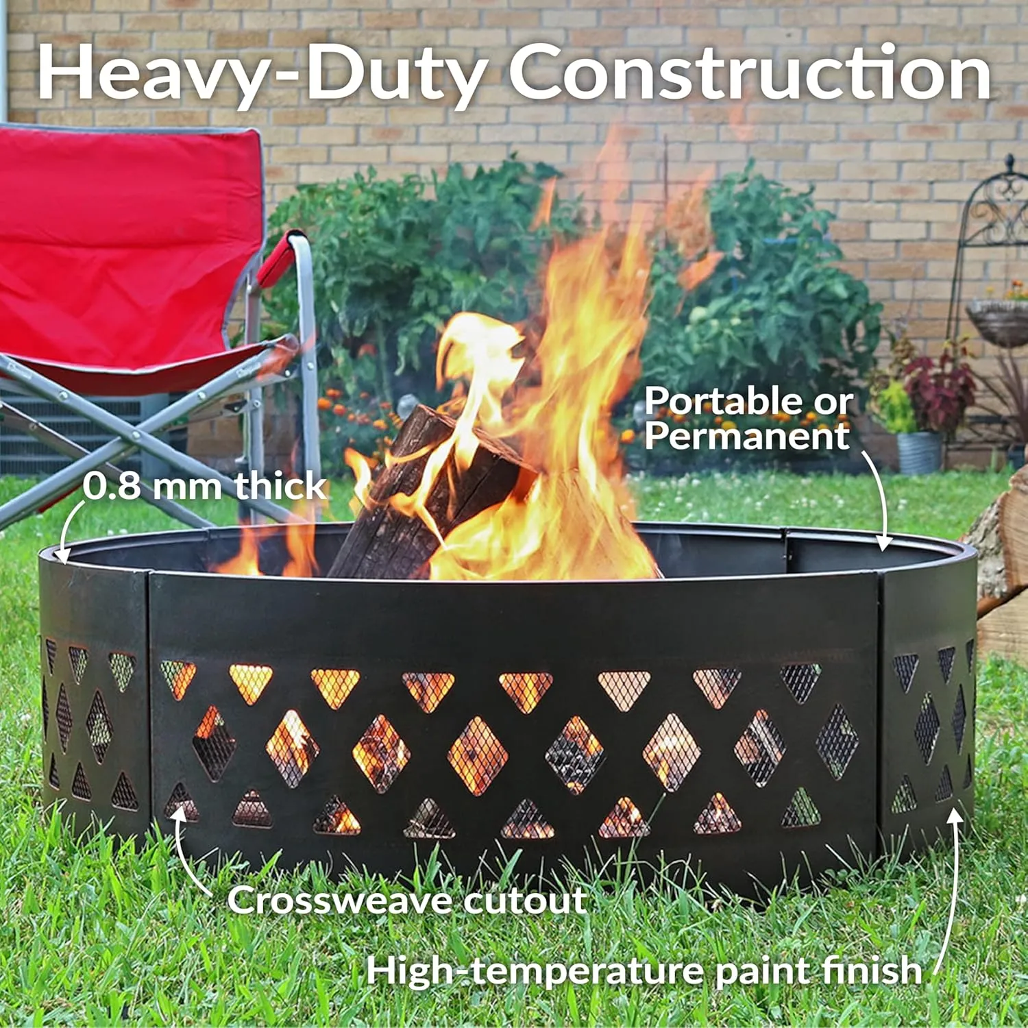 Sunnydaze 36-Inch Outdoor Fire Pit Ring with Poker - Round Heavy-Duty Steel Fire Ring for Camping or Backyard - Crossweave - 12" H