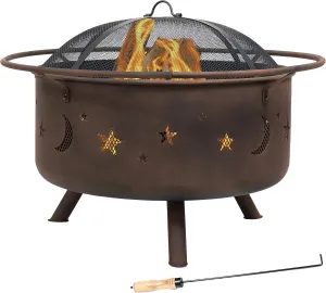 Sunnydaze Cosmic 30-Inch Outdoor Fire Pit - Wood Burning Fire Pit with Cooking BBQ Grill Grate, Spark Screen, and Fireplace Poker - Celestial Design