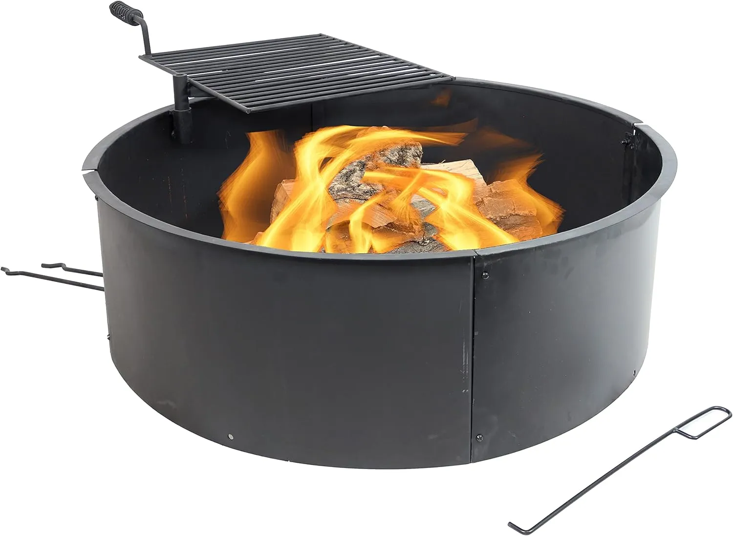 Sunnydaze Outdoor Fire Pit Ring - 36-Inch Outer/34-Inch Inner Diameter Steel Fire Ring Insert with Grill Grate and Poker