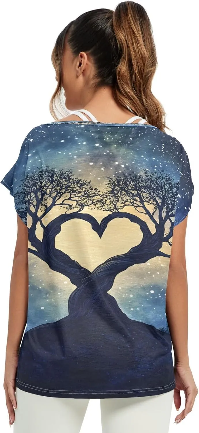 Sunset Tree Roots Red Women t Shirts Sheer Off Shoulder Fall Blouses for Women Casual Work Tops for Women