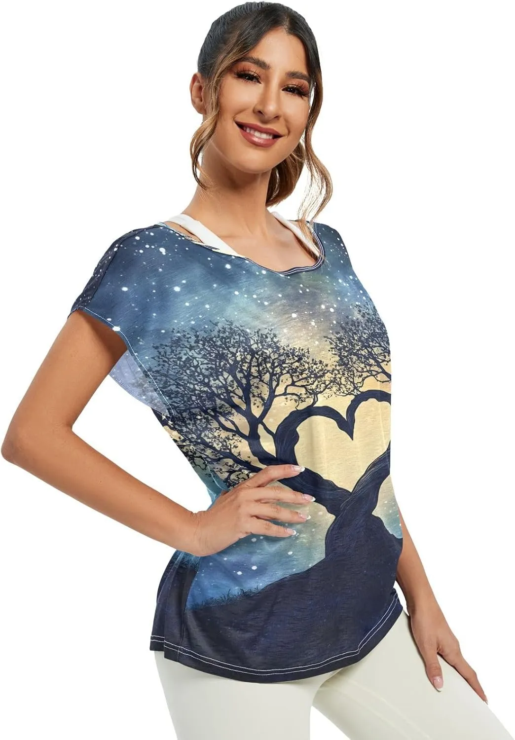 Sunset Tree Roots Red Women t Shirts Sheer Off Shoulder Fall Blouses for Women Casual Work Tops for Women