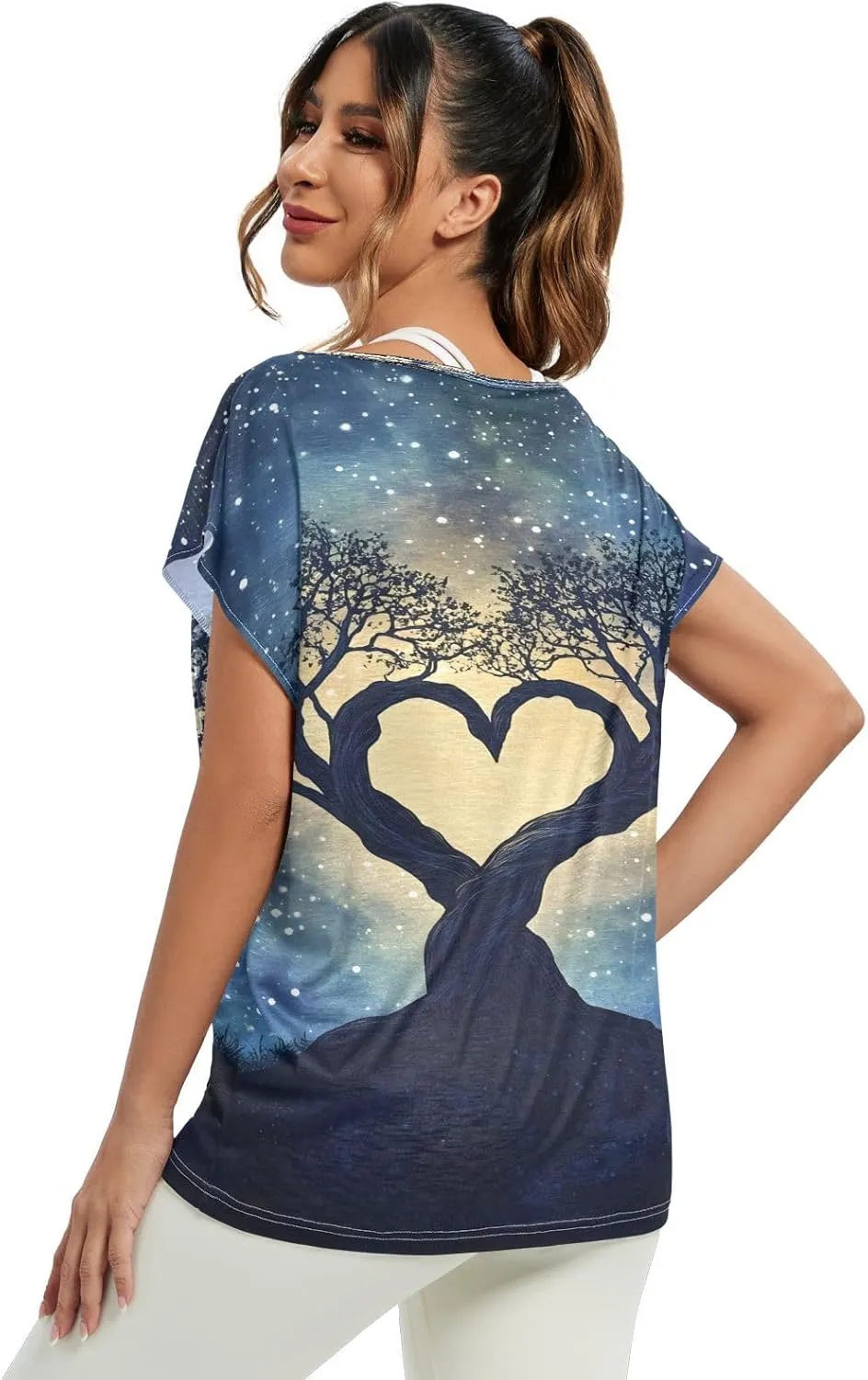 Sunset Tree Roots Red Women t Shirts Sheer Off Shoulder Fall Blouses for Women Casual Work Tops for Women