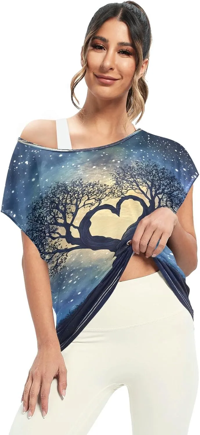 Sunset Tree Roots Red Women t Shirts Sheer Off Shoulder Fall Blouses for Women Casual Work Tops for Women