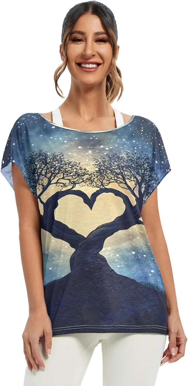 Sunset Tree Roots Red Women t Shirts Sheer Off Shoulder Fall Blouses for Women Casual Work Tops for Women