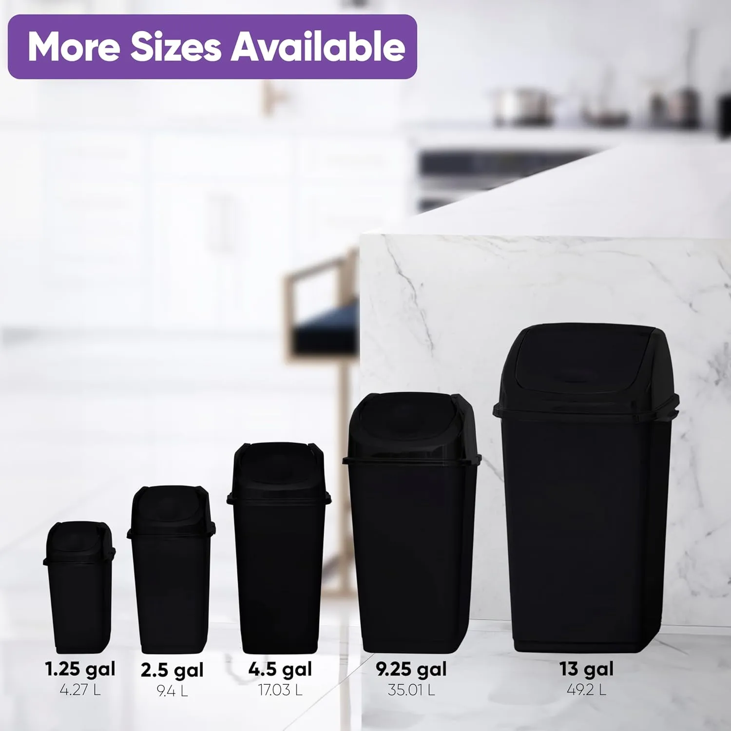 Superio Medium Trash Can with Lid 4.5 Gallon Plastic Swing Top Garbage Can Slim Waste Bin for Under Sink/Cabinet, Laundry Room, Kitchen, Office, Bedroom, Bathroom, College Dorm, 18 Qt, Black, 2