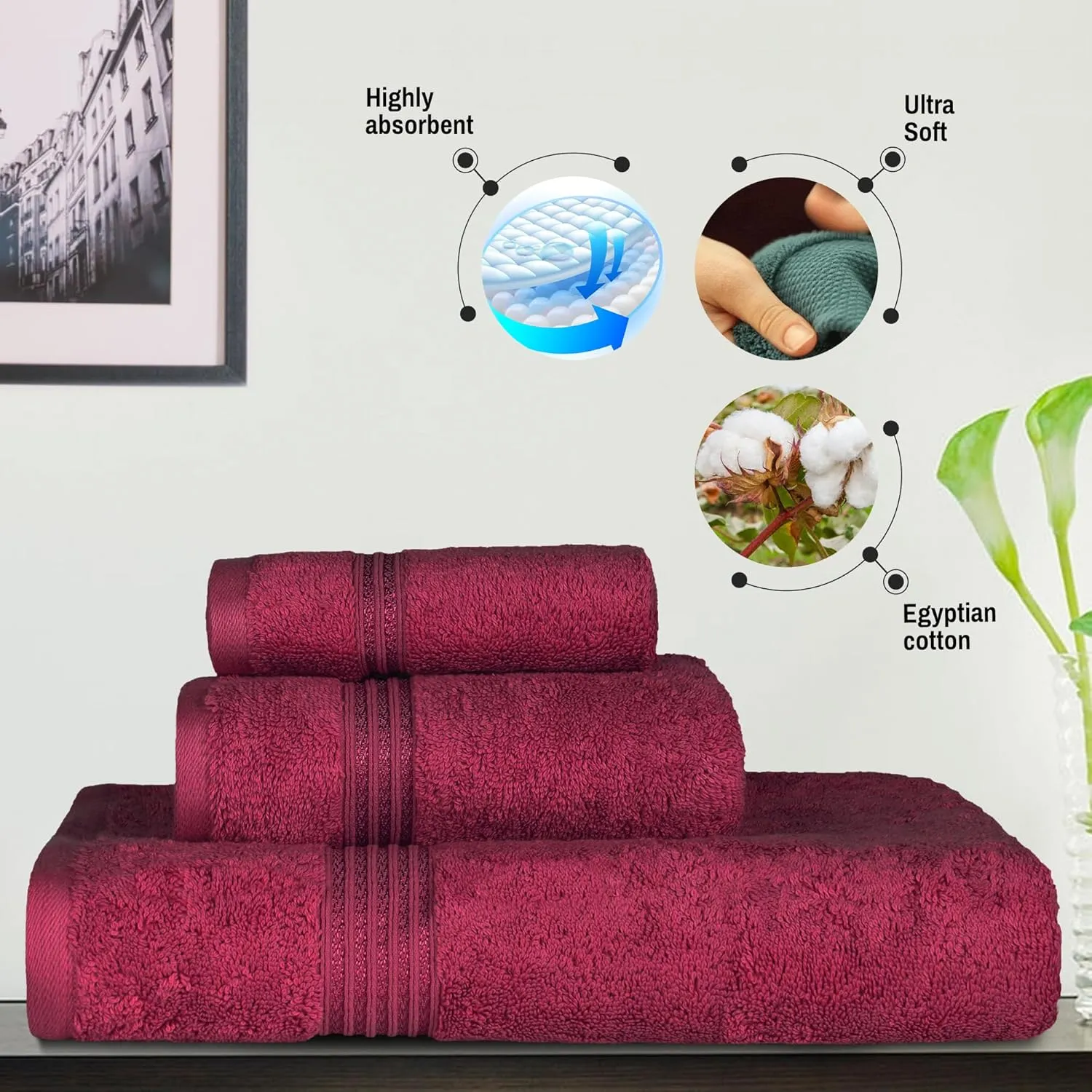 Superior Egyptian Cotton 6-Piece Towel Set, Bathroom Essentials, Towels For Bathroom, Apartment, Airbnb, Guest Bath, Face, Hand, Bath Towels, Washcloths, Absorbent, Fast Drying, Burgundy