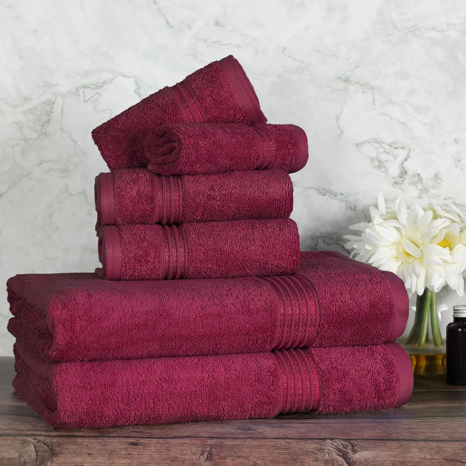 Superior Egyptian Cotton 6-Piece Towel Set, Bathroom Essentials, Towels For Bathroom, Apartment, Airbnb, Guest Bath, Face, Hand, Bath Towels, Washcloths, Absorbent, Fast Drying, Burgundy